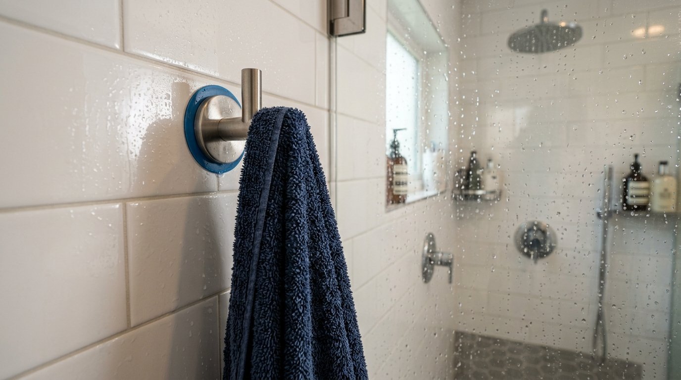 Close up of a blue bath towel on a metal suction cup hook against white subway tiles near a glass shower screen.