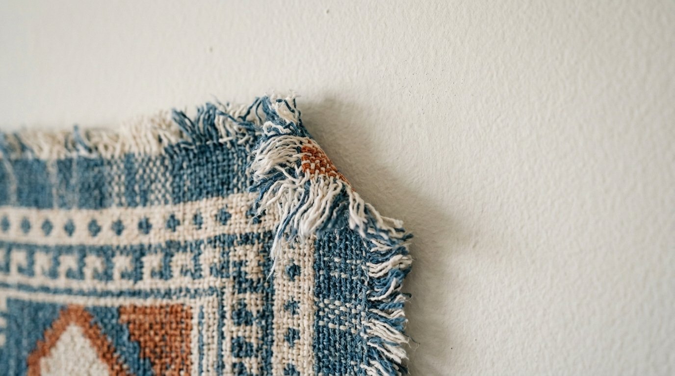 Detailed edge of a blue and white patterned textile hanging against a plain white wall.