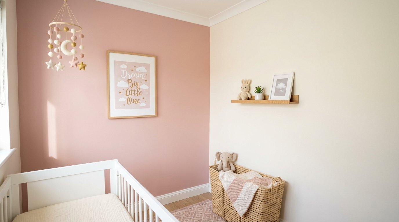 Baby crib in a room with a pink wall, mobile, wall art, and woven basket with a stuffed elephant.