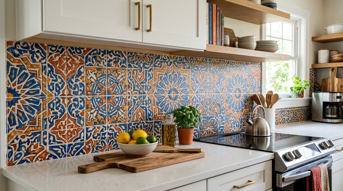 Colorful geometric tile wall behind a kitchen counter with lemons, a plant, and a stainless steel tea kettle.