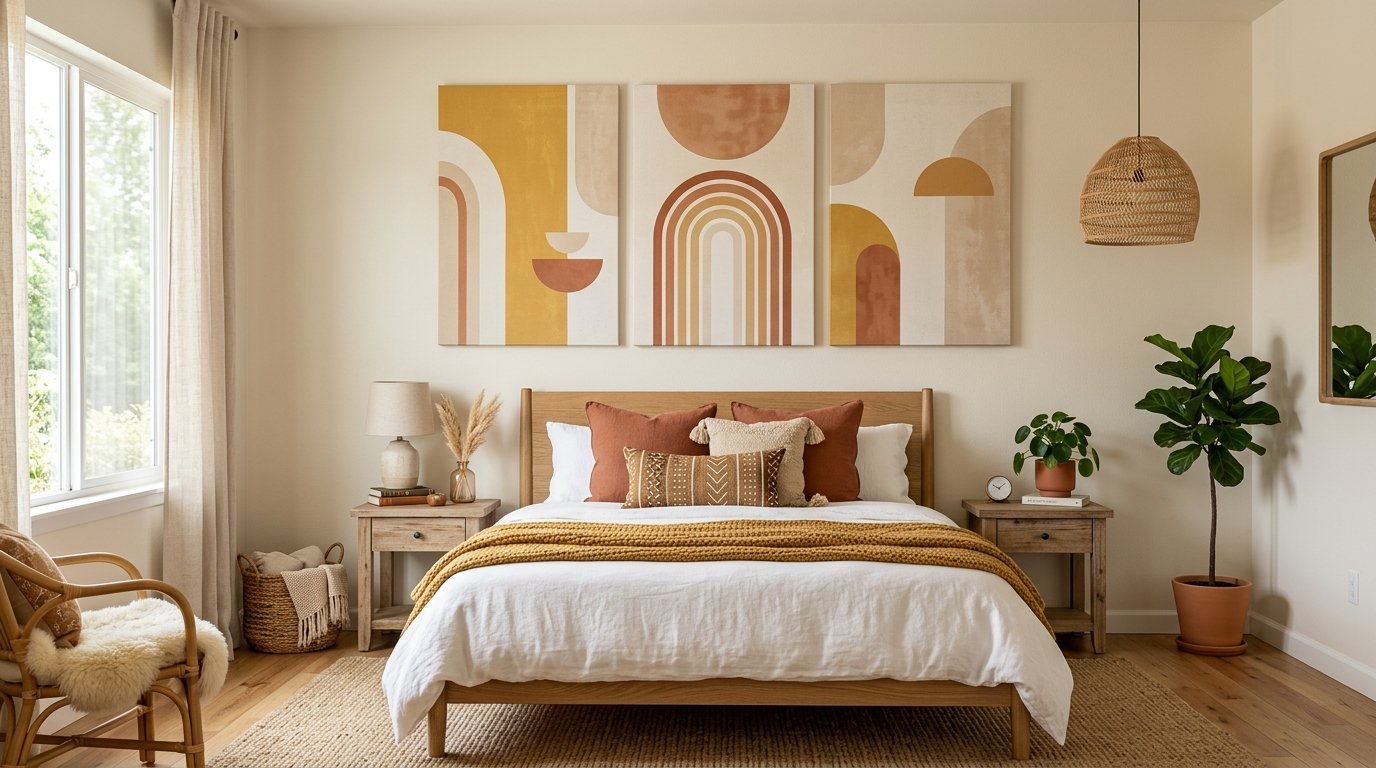 A bedroom with a wooden bed frame, three abstract geometric canvases, and warm-toned decor on a jute rug.