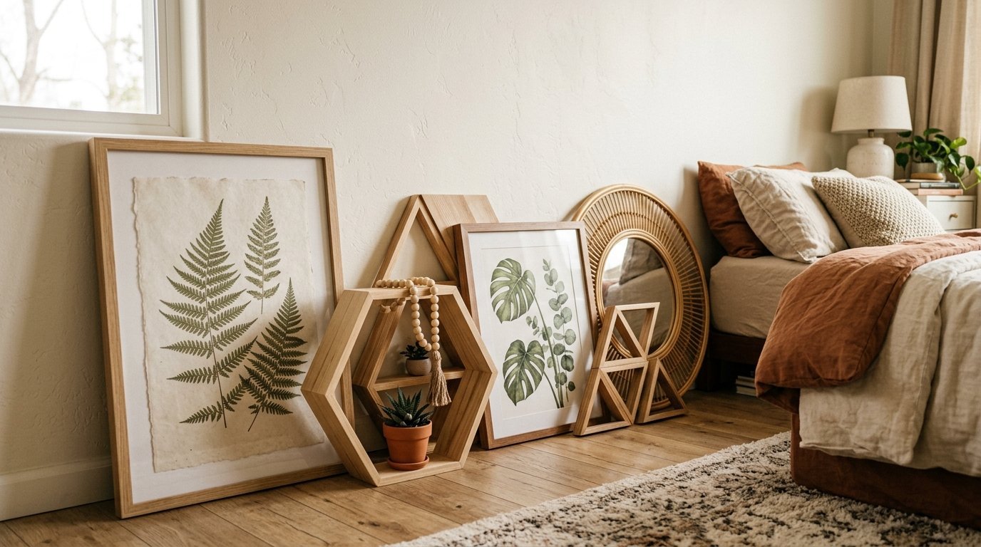 Decorative art prints, a rattan mirror, and wood shelves arranged on a bedroom floor near a bed.