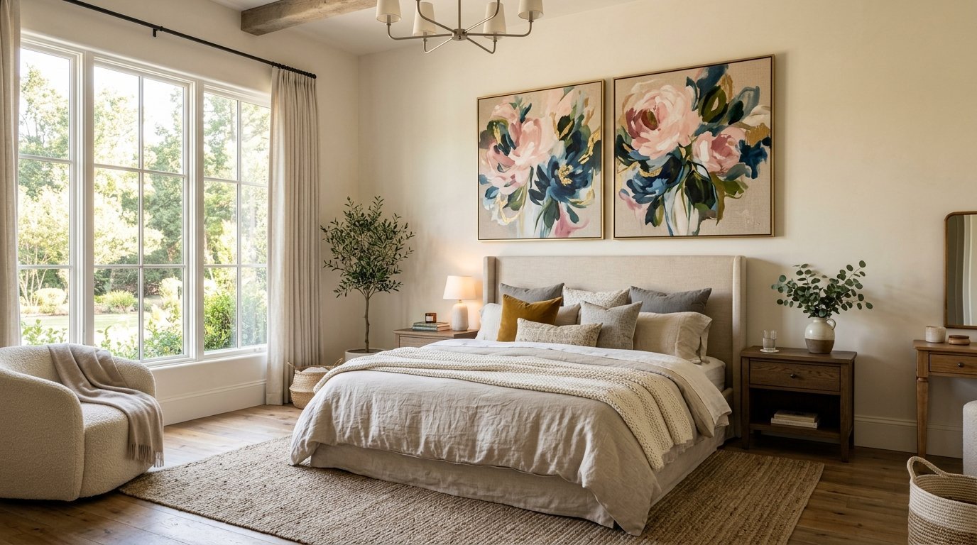 A serene bedroom with a beige linen bed, two large floral paintings, and a cozy armchair by a bright window.