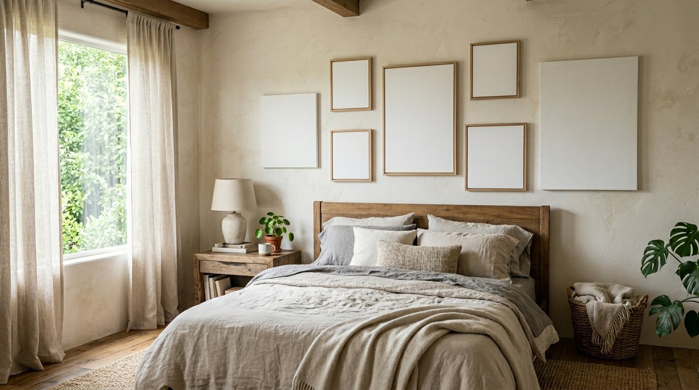 Neutral toned bedroom with a wooden bed, linen bedding, and a wall art display with six empty white frames.