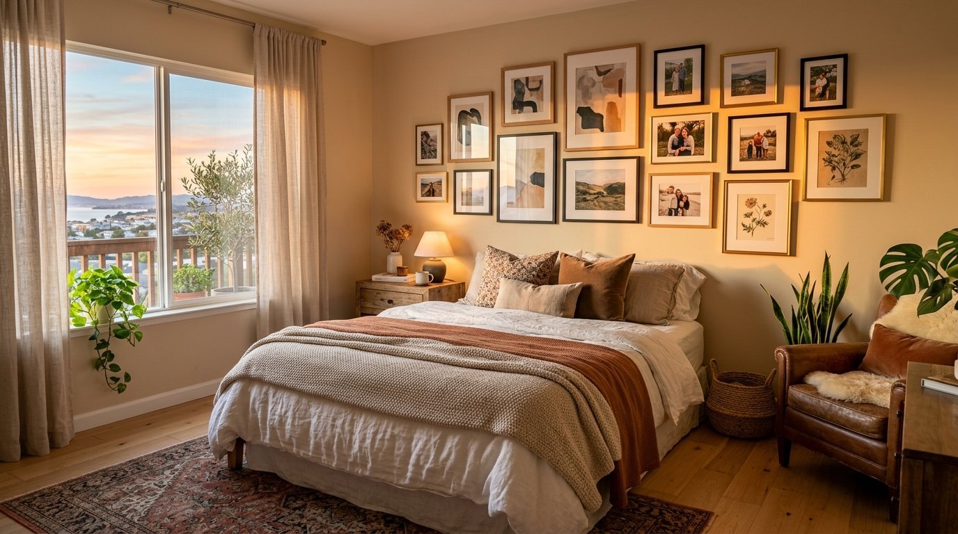 Cozy bedroom with a gallery wall above the bed, sunset window view, and a brown leather armchair.