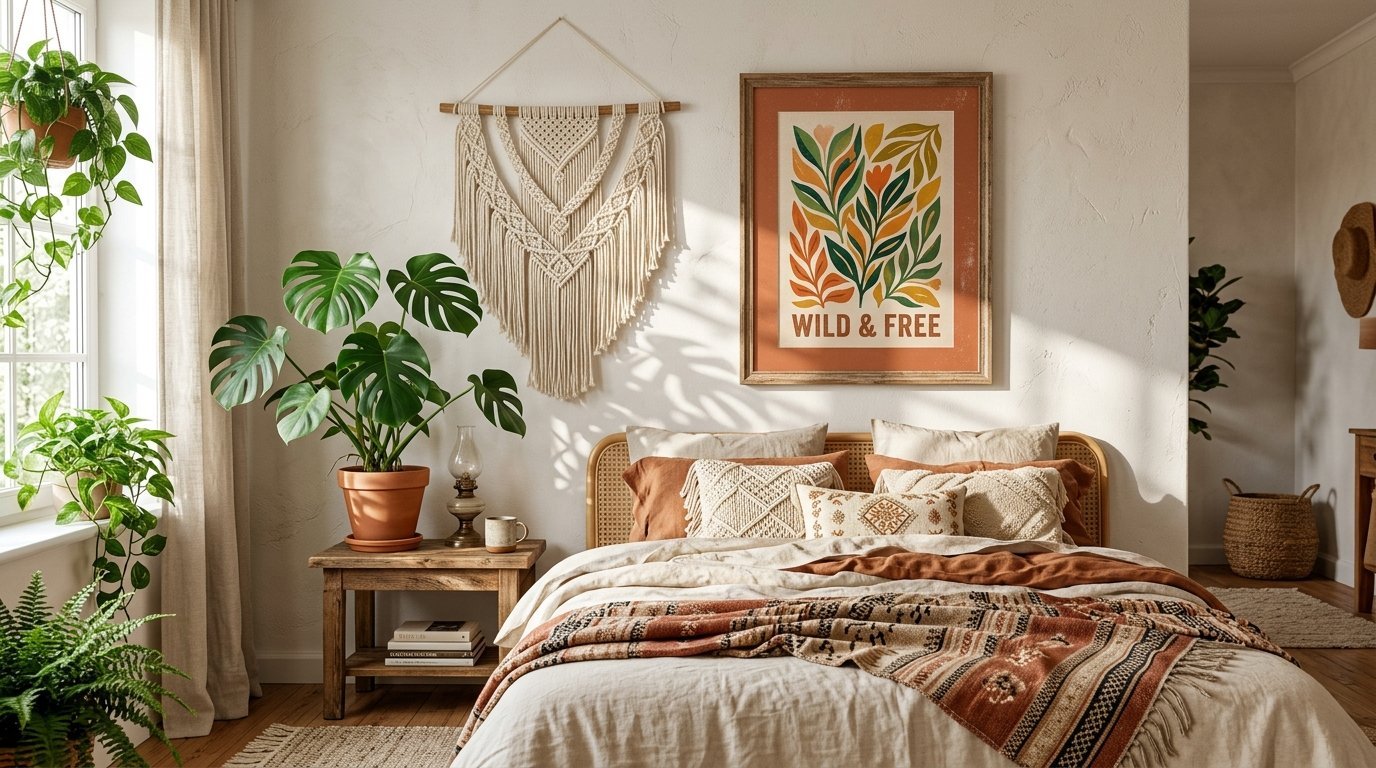Bohemian bedroom featuring a macrame wall piece and Wild and Free framed art above a textured linen bed.
