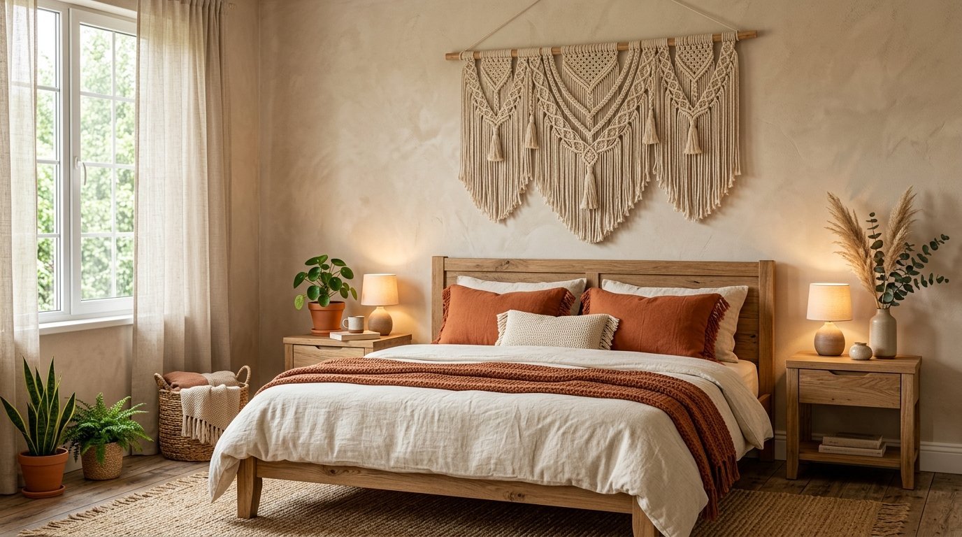 Wooden bed with rust-colored pillows and a large handmade fiber wall hanging above the headboard.