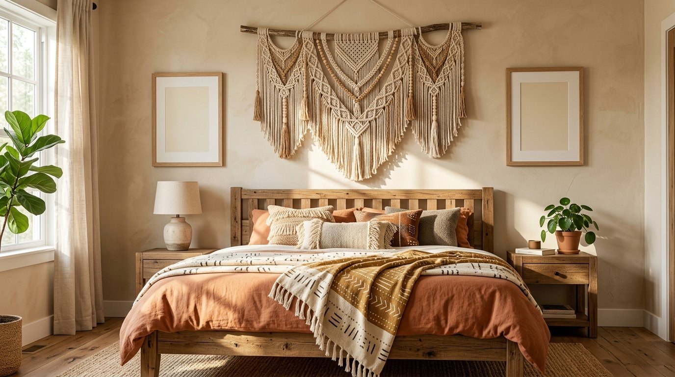 Neutral master bedroom with a wooden bed frame, terracotta bedding, and intricate cream macrame wall decor.