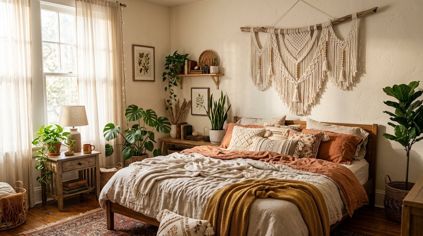 A sunlit bohemian bedroom with a large white macrame tapestry hanging over a bed styled with orange and cream bedding.