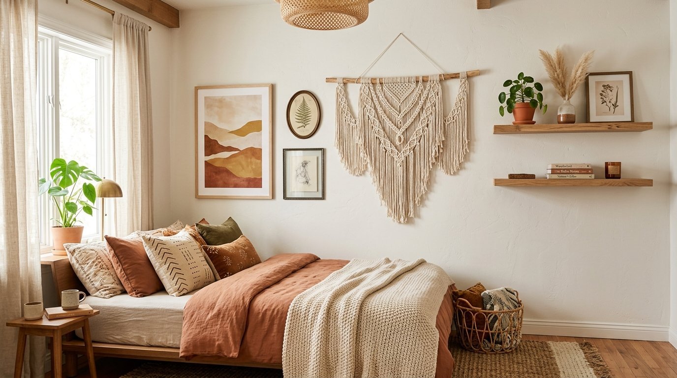 Bohemian style bedroom with a large macrame wall hanging, terracotta bedding, and floating wooden shelves.