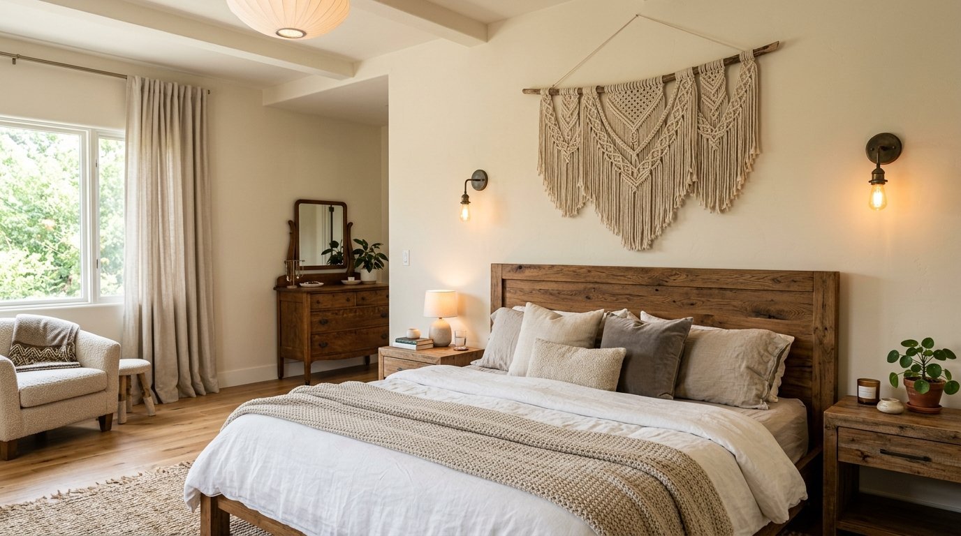 Modern bedroom with wooden bed frame, neutral linens, and intricate macrame art above the headboard.