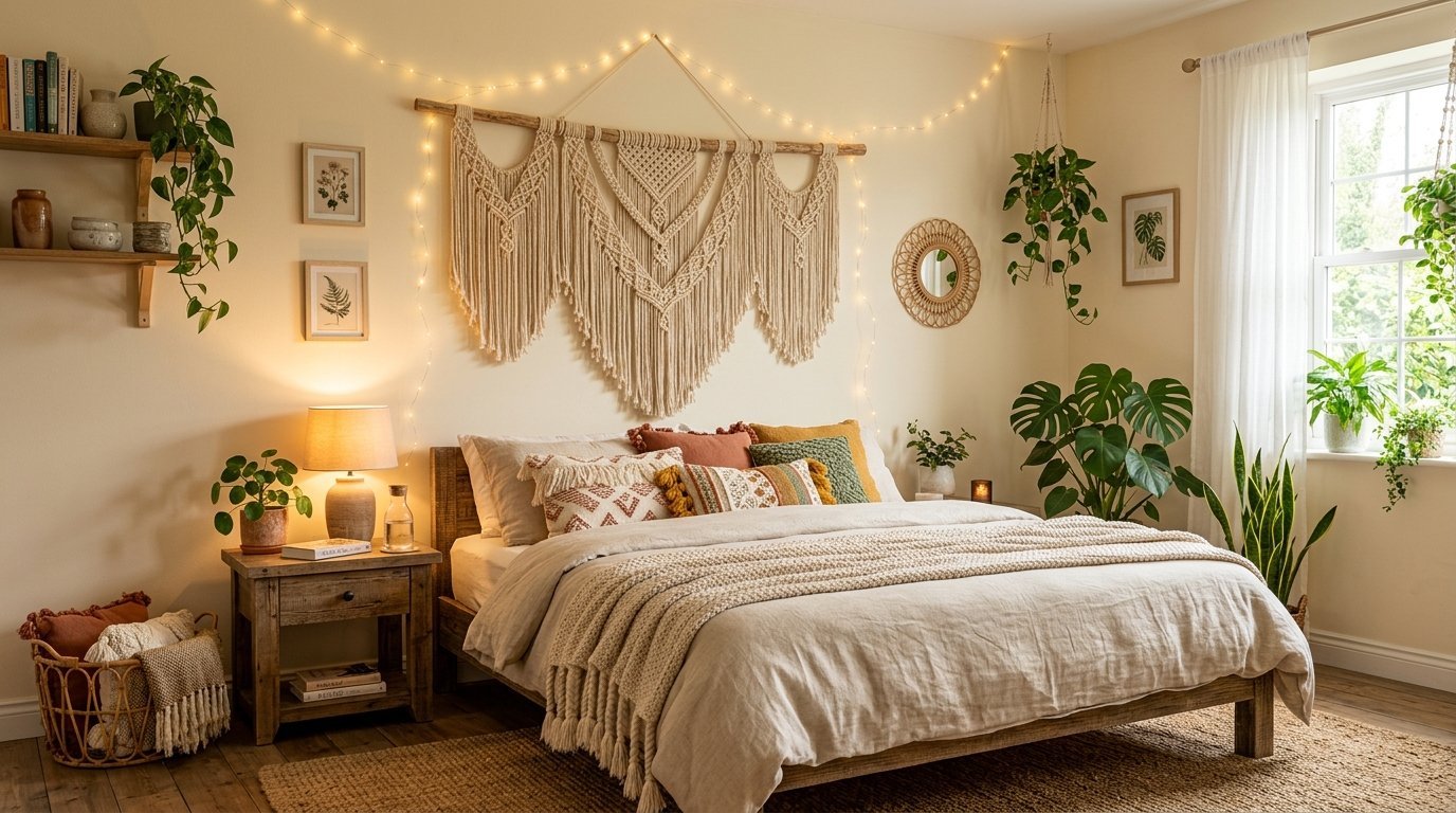 Neutral bedroom with a large knotted macrame tapestry, potted houseplants, and warm string lights above the bed.