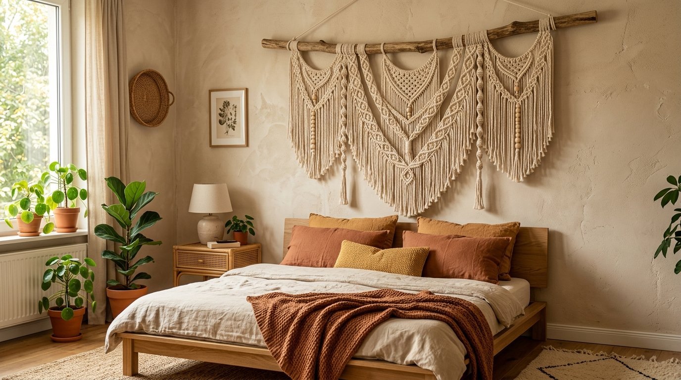 Large macrame art hangs on a textured beige wall above a cozy wooden bed with warm-toned pillows.