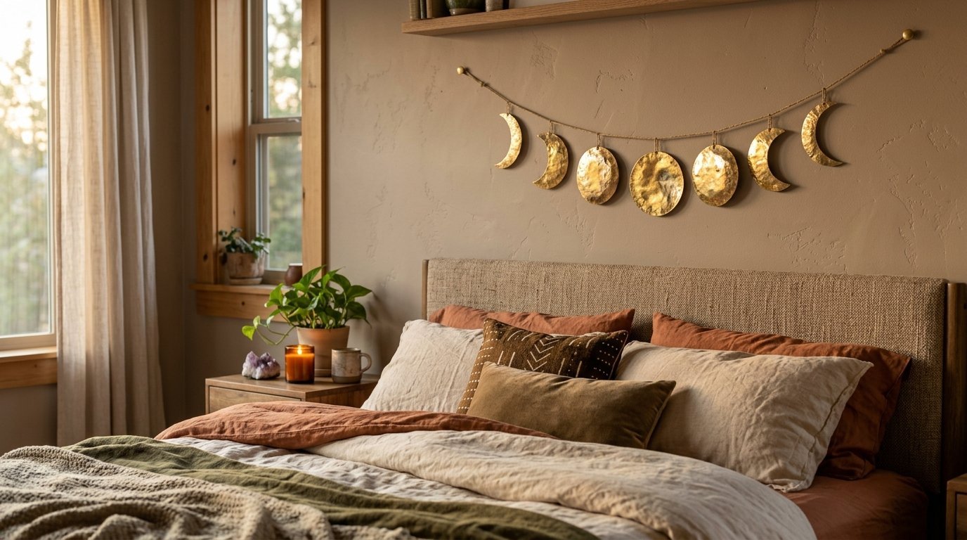 Textured neutral bedding with rust accents and a gold celestial wall garland in a sunlit room.
