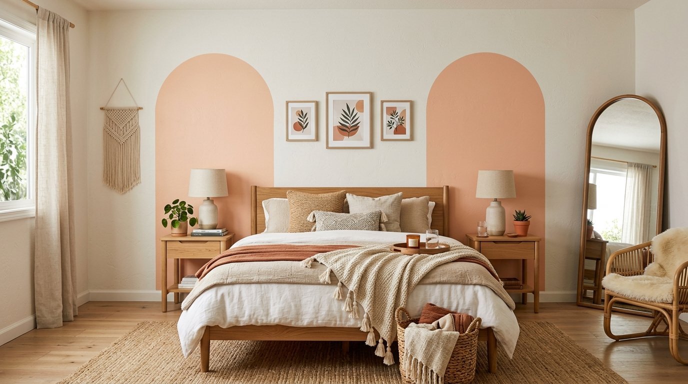 Bedroom with two peach painted wall arches, a wooden bed frame, and natural decor elements.