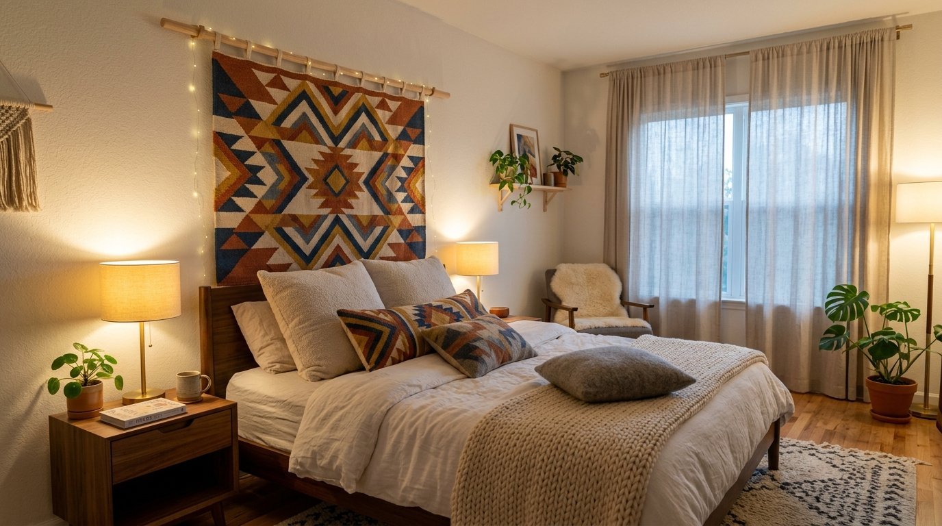 A bedroom with a wooden bed, a large patterned tapestry on the wall, warm ambient lighting, and indoor plants.