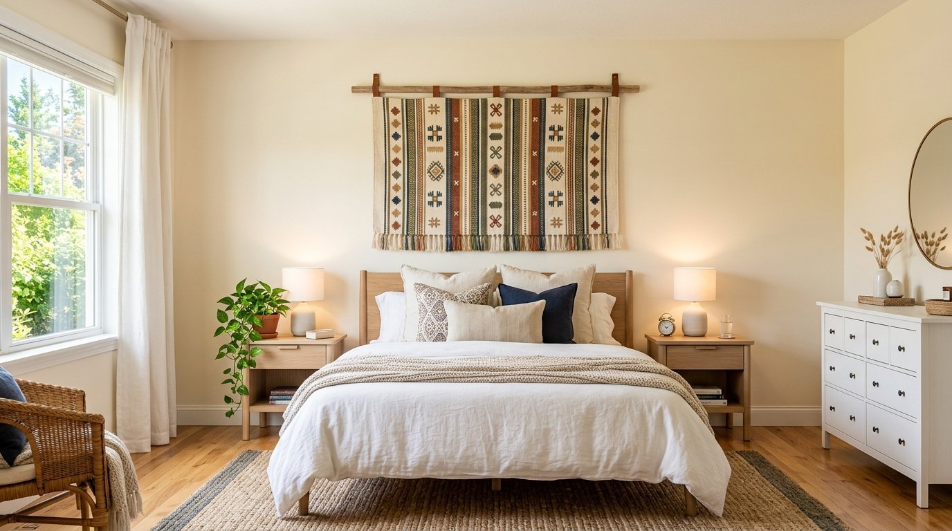 A beige bedroom with a patterned wall tapestry, light wood furniture, and a white bedspread.