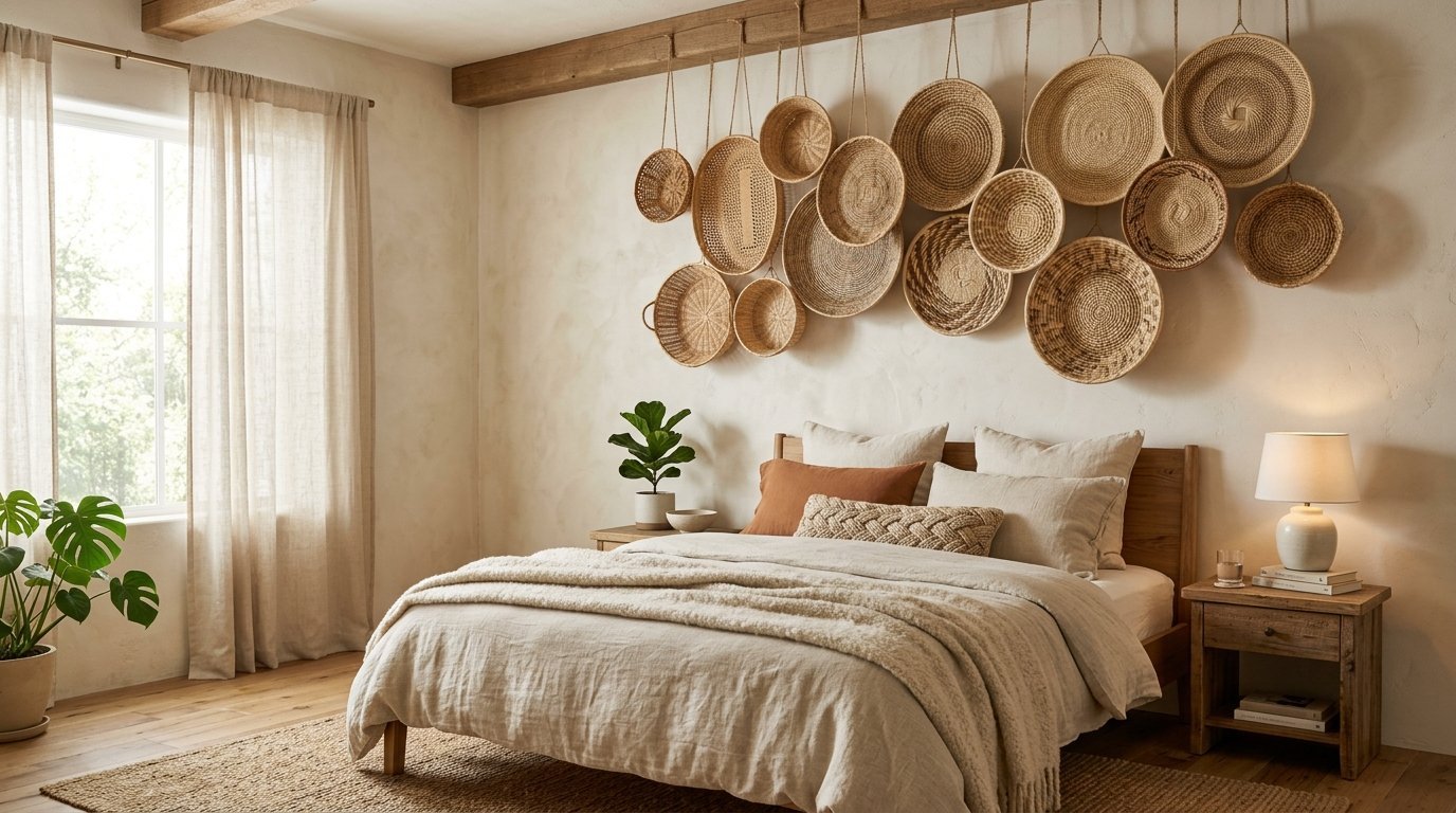 A beige bedroom featuring hanging woven baskets on the wall above a wooden bed frame with textured linens.