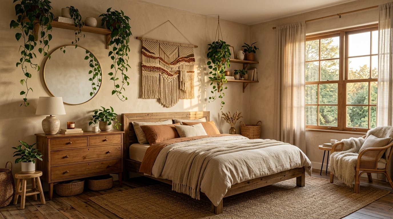 Cozy bedroom with wooden bed frame, macrame wall art, round mirror, and various trailing house plants.