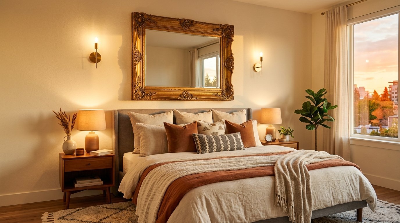 A bedroom with a grey upholstered bed, layered terracotta textiles, and a large vintage-style gilded mirror.