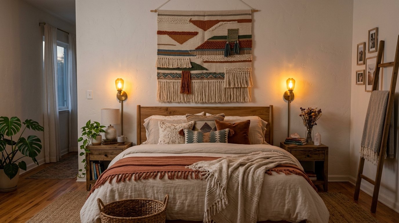 A rustic bedroom with a large woven fiber art tapestry above a wooden bed frame and bedside lamps.