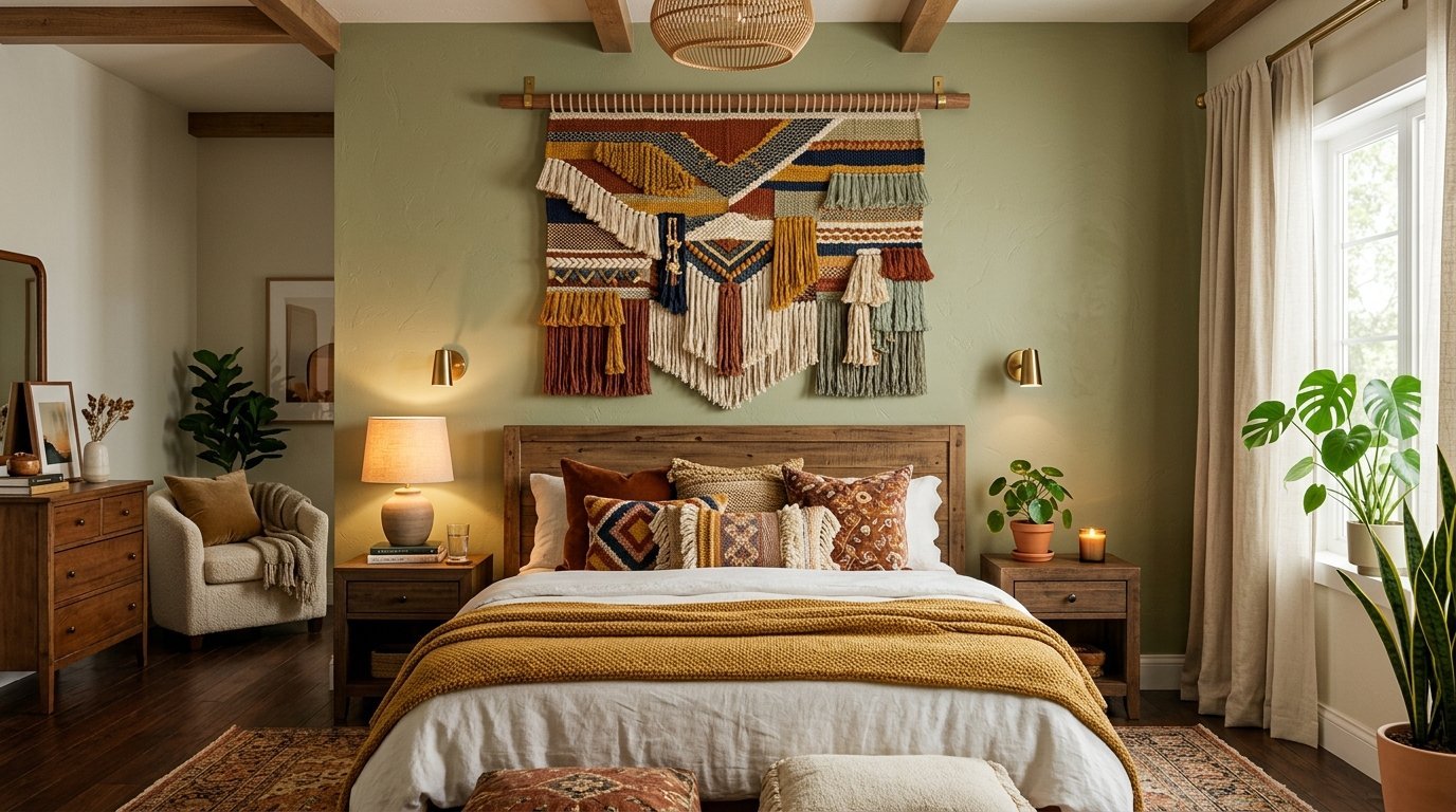 A bedroom with sage green walls and a large, colorful fiber art piece hanging above a wooden bed frame.