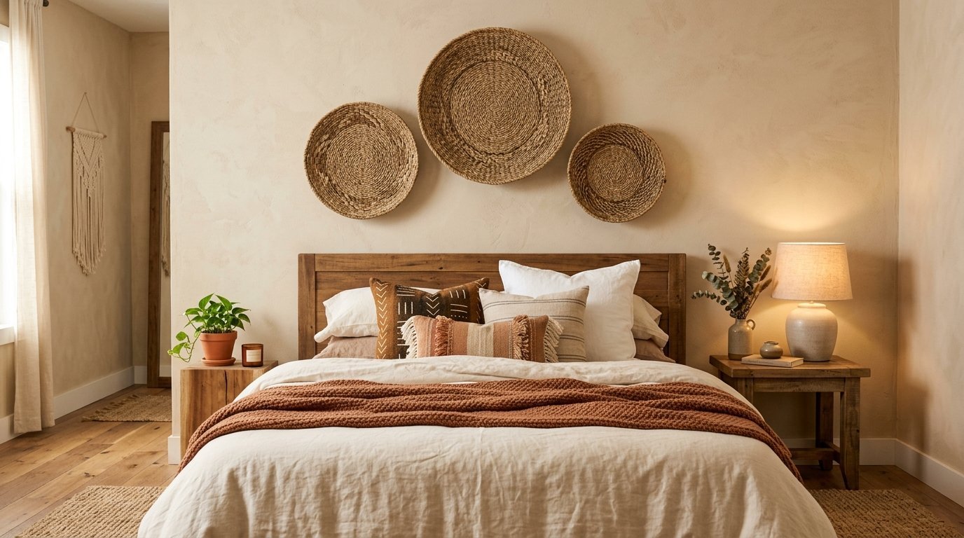 A beige bedroom with a wooden bed frame, textured pillows, and three woven baskets hanging on the wall above the headboard.