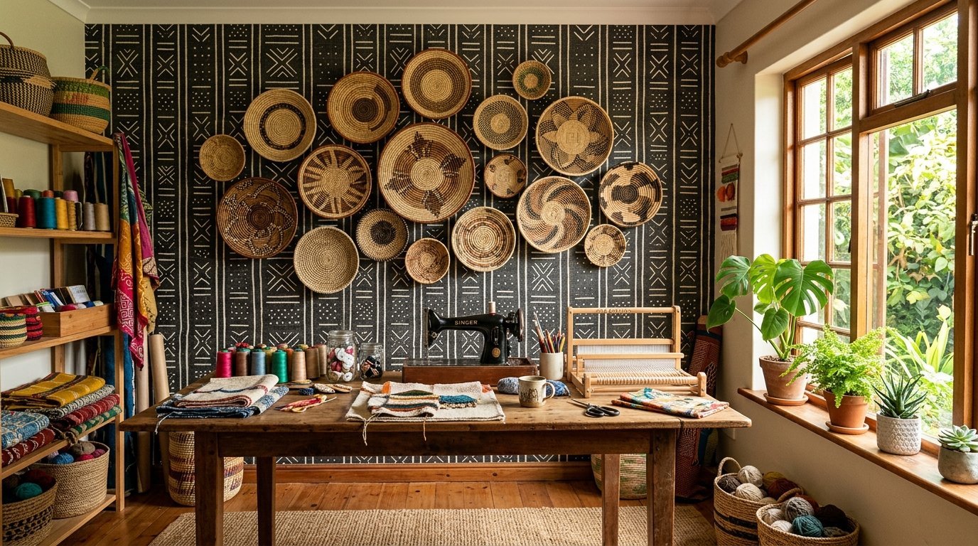 A sewing desk with a vintage Singer machine, wooden looms, and yarn baskets set against a patterned mudcloth wall.