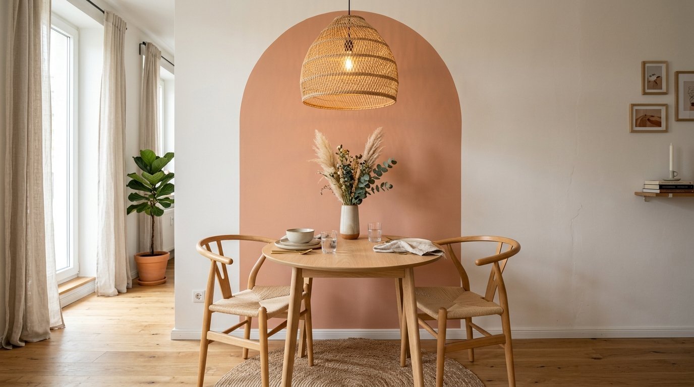 A small round wooden dining table with two woven chairs under a rattan pendant light in front of a painted peach arch.