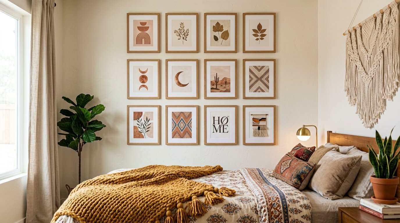 A symmetrical gallery wall of twelve framed earthy art prints above a bed with a chunky yellow knitted throw blanket.