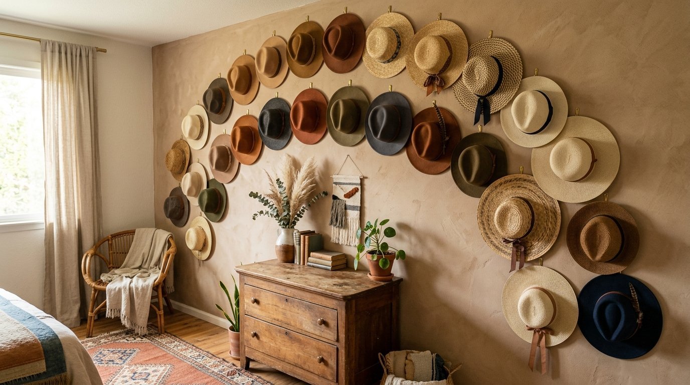 Decorative arrangement of various hats hanging on a textured beige wall above a wooden dresser.
