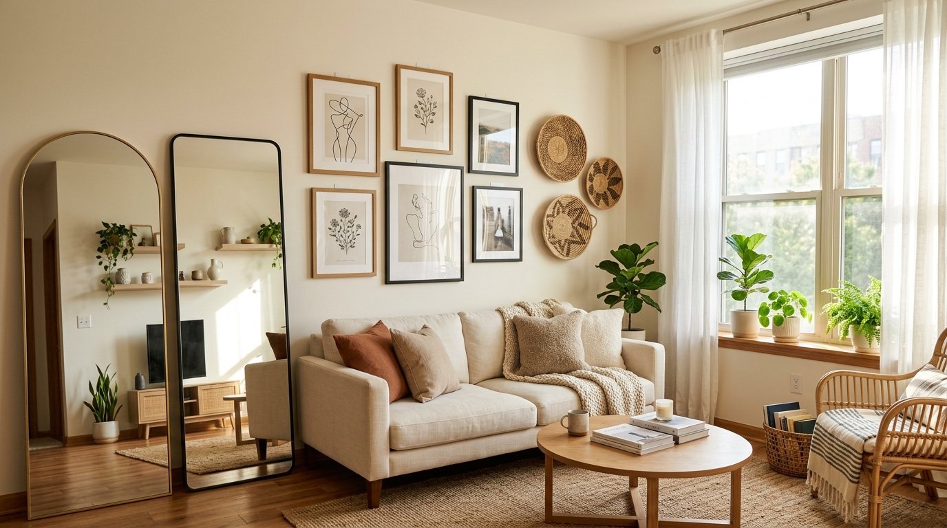 Modern living room with a cream sofa, rattan chair, gallery wall art, arched floor mirror, and indoor houseplants.