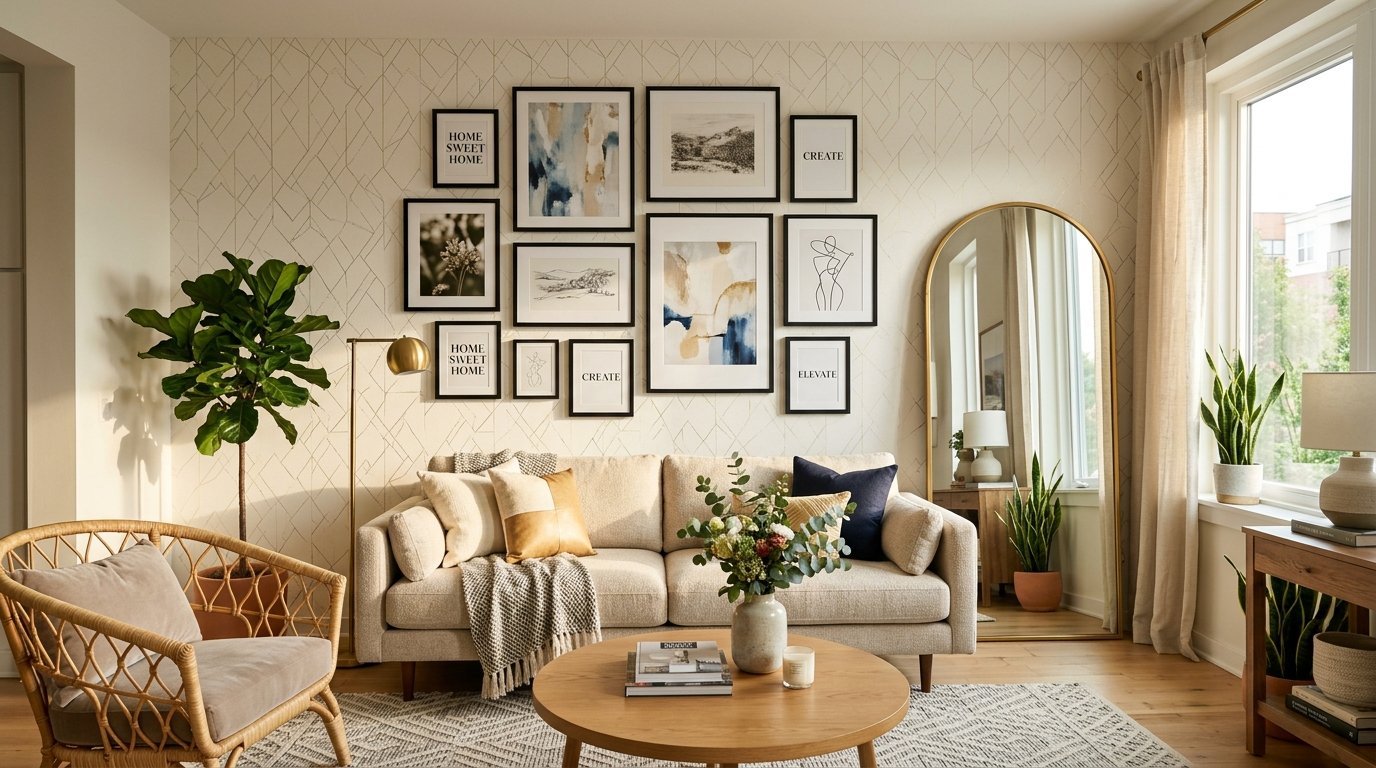 Modern living room with a neutral sofa, gallery wall, arched floor mirror, and indoor house plants.