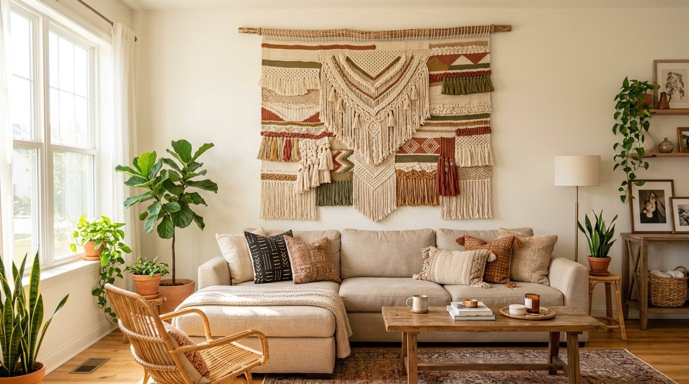 A beige sectional sofa sits under a massive textured fiber art piece featuring earthy tones and tassel accents.