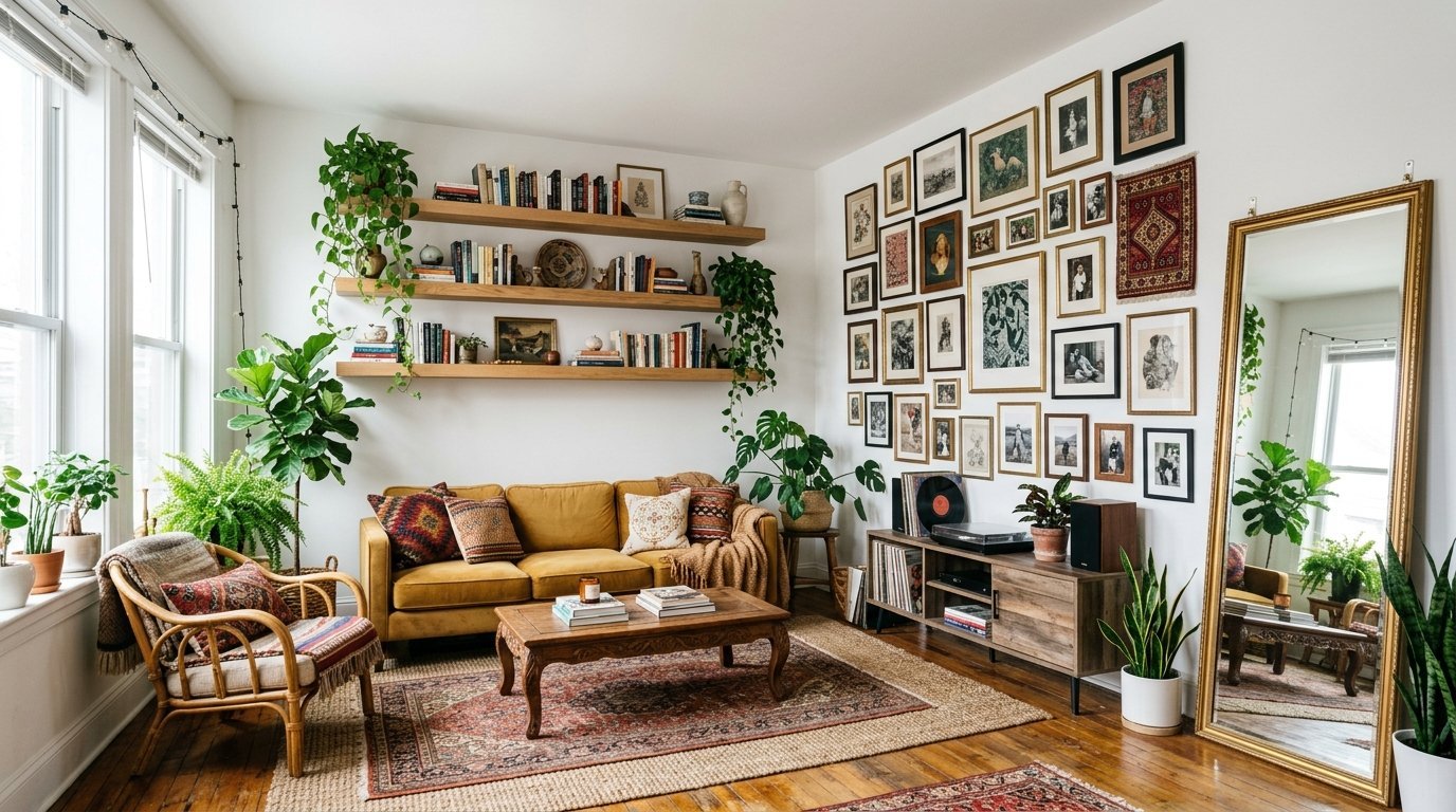 A sunlit living room featuring a yellow couch, floating shelves, a vinyl record player, and a large gold floor mirror.