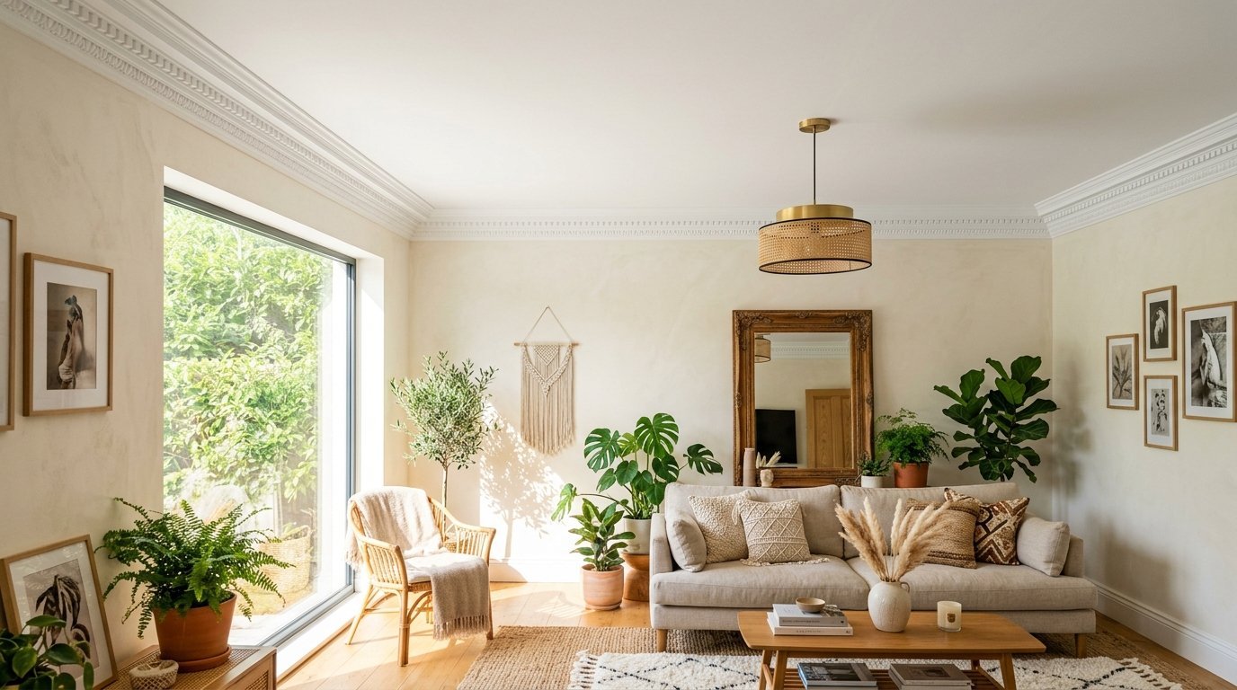 A bright living room with a beige sofa, wicker accents, leafy green plants, and framed wall art.
