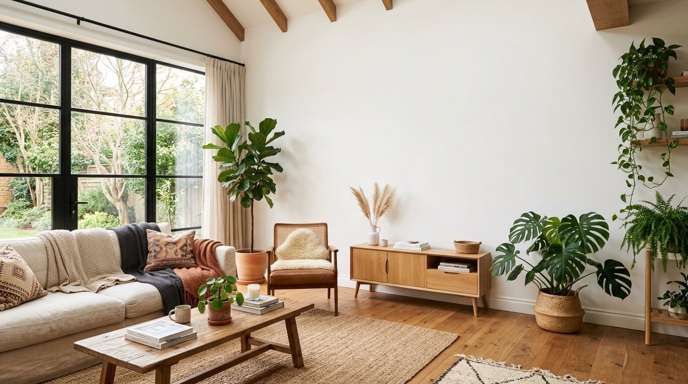 Bright interior with a beige sofa, wooden coffee table, rattan chair, and large green plants.