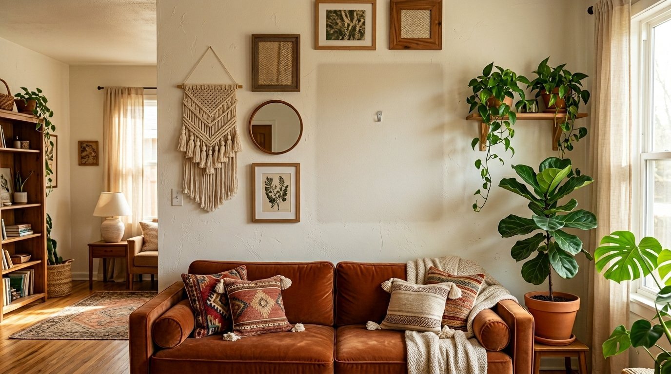 A rustic velvet couch decorated with patterned pillows and a macrame wall hanging in a sunlit home interior.