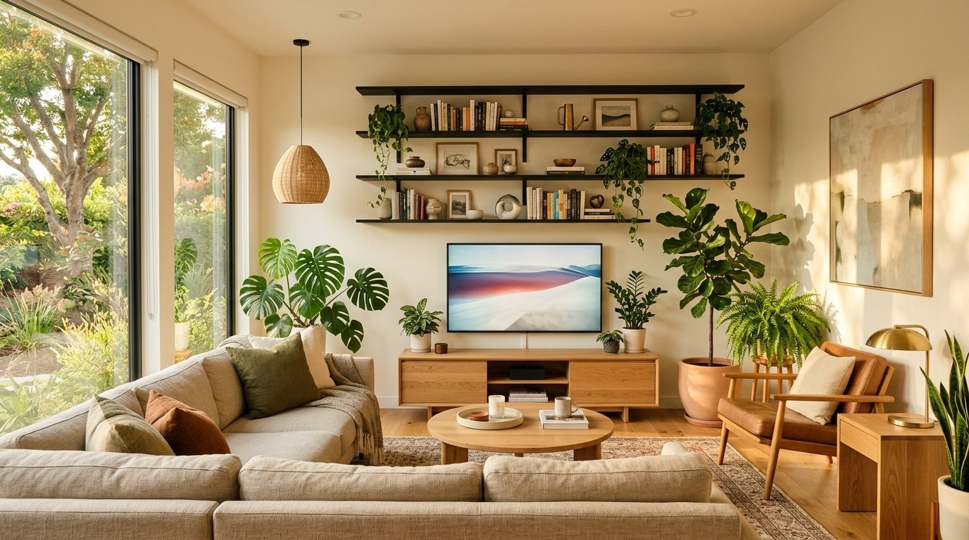 Modern living room with a beige sectional, wooden media console, wall-mounted shelves, and various potted houseplants.