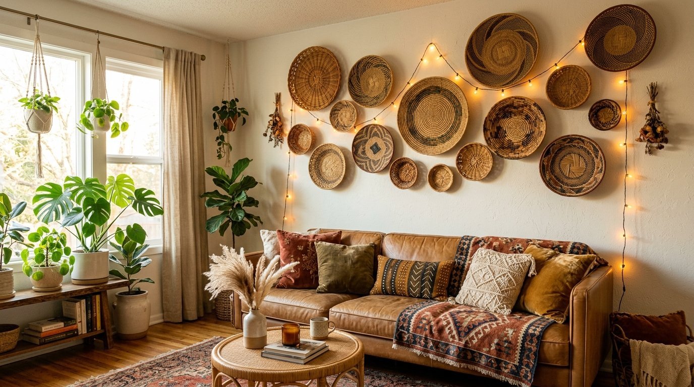 A tan leather couch adorned with textured pillows, backed by a wall decorated with many round woven wicker baskets.