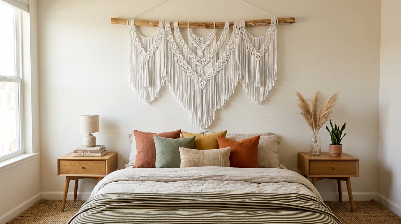 A bedroom wall featuring a large off-white fiber art piece hanging from a wooden branch over a bed with decorative pillows.
