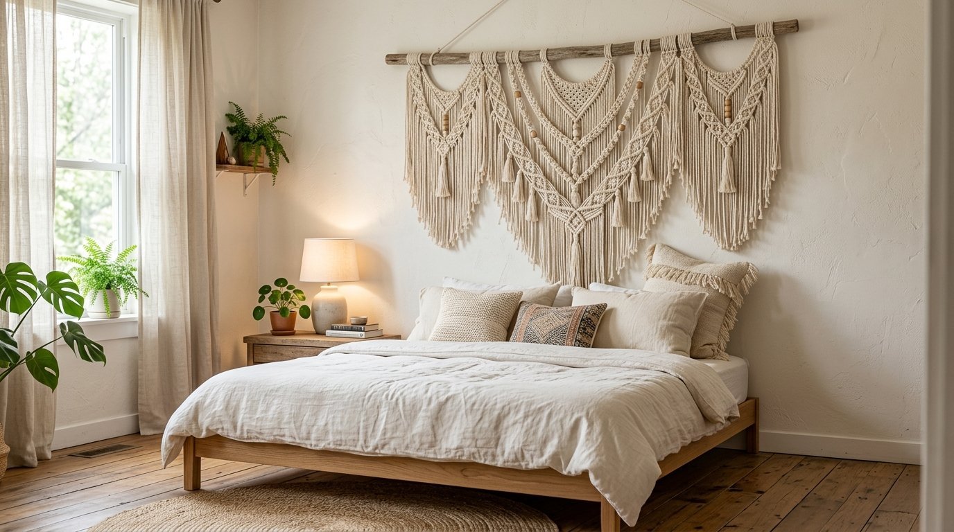 Neutral bedroom with a large cream macrame wall hanging above a wooden bed frame and linen bedding.