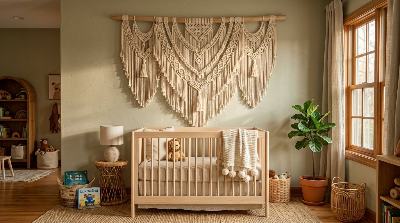 Neutral toned nursery room featuring a large decorative rope macrame tapestry centered over a light wood infant crib.