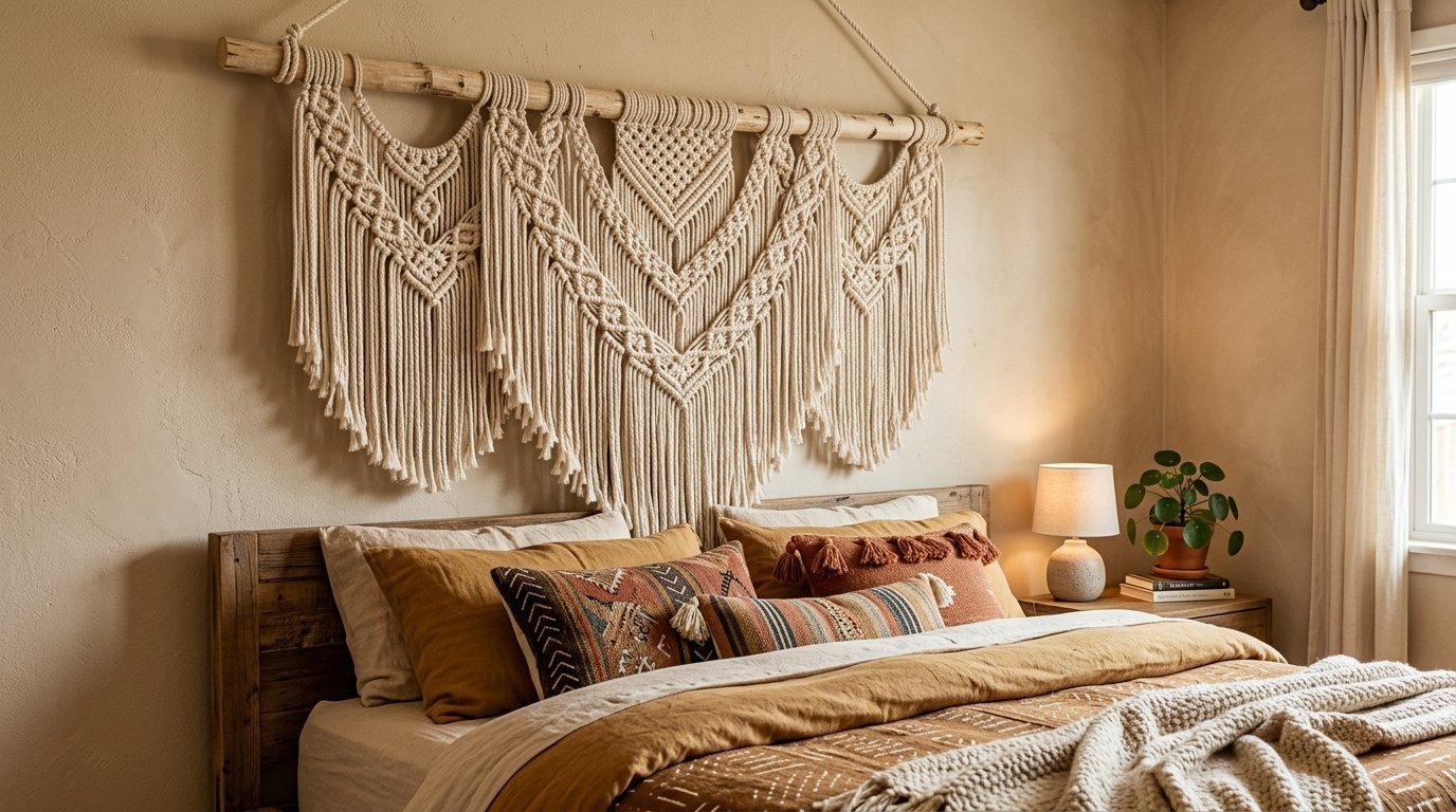Large woven fiber art hanging on a tan wall above a rustic wooden bed with terracotta-colored pillows.