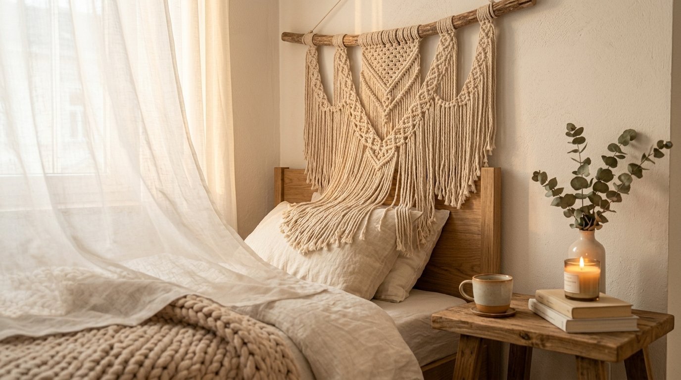 A beige macrame wall hanging above a wooden bed frame next to a bedside table with a lit candle and eucalyptus vase.