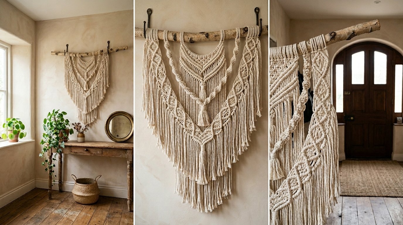 Close-up of a decorative handmade macrame piece featuring braided knots and tassels on a natural birch branch.
