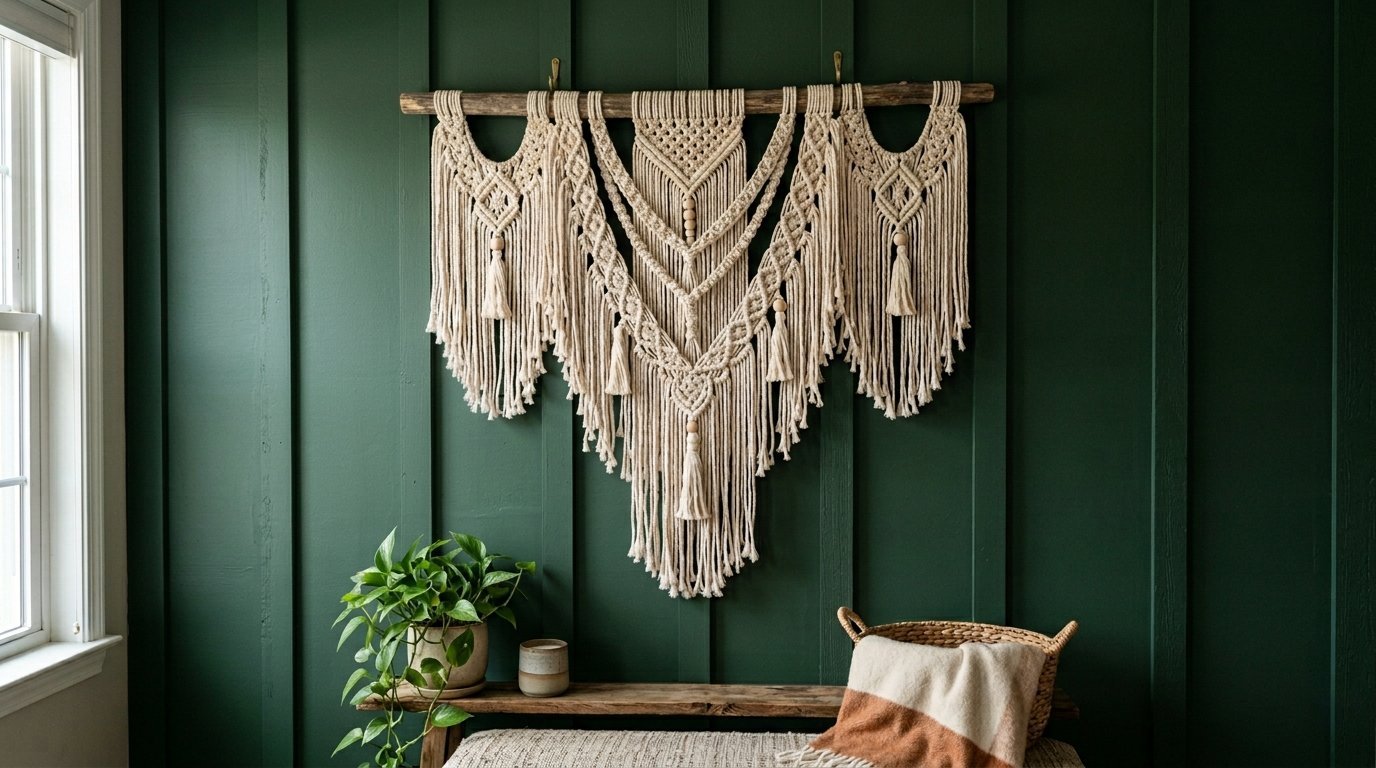 Cream colored macrame tapestry with tassels hanging above a wooden bench.