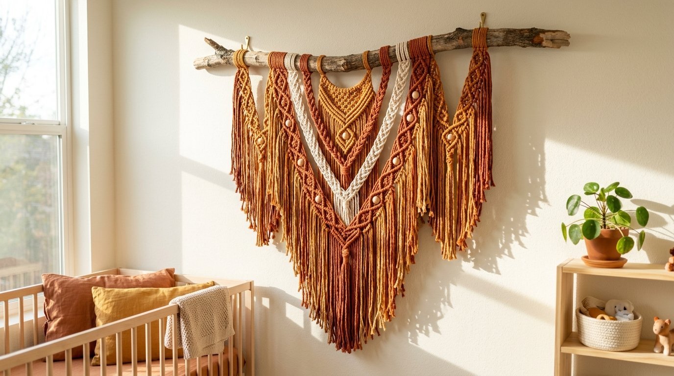 Large woven fiber art with sunset colors on a wooden branch mounted on a beige nursery wall.