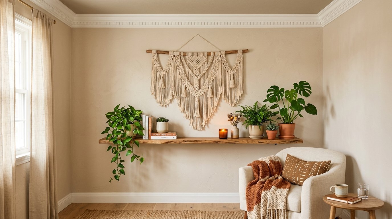 Bohemian style room with a wooden floating shelf displaying houseplants and books beneath a large woven fiber art piece.