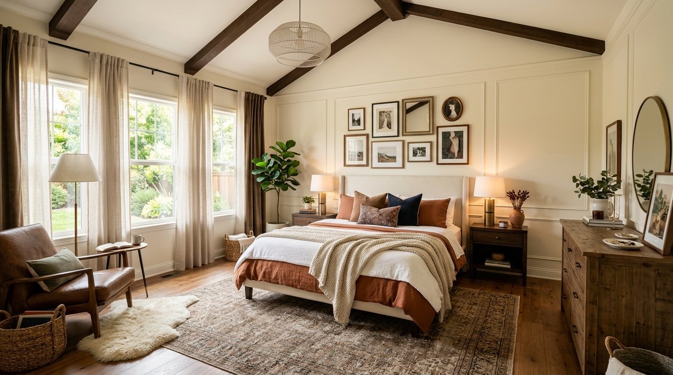 Cozy bedroom with wooden ceiling beams, terracotta bedding, leather chair, and a decorative gallery wall.